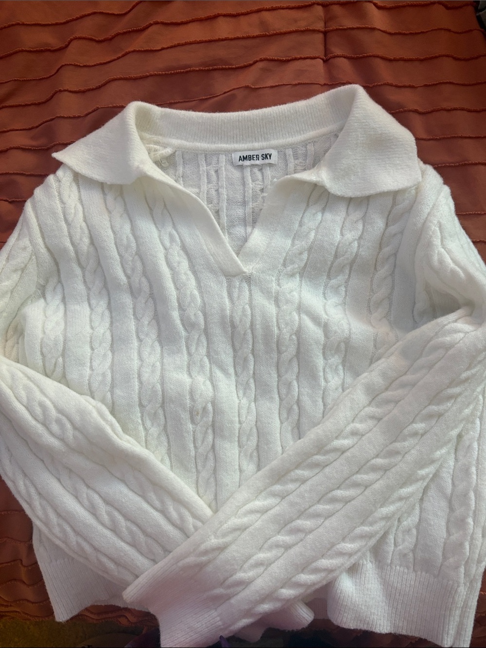 Women's White Cable Knit Polo Sweater